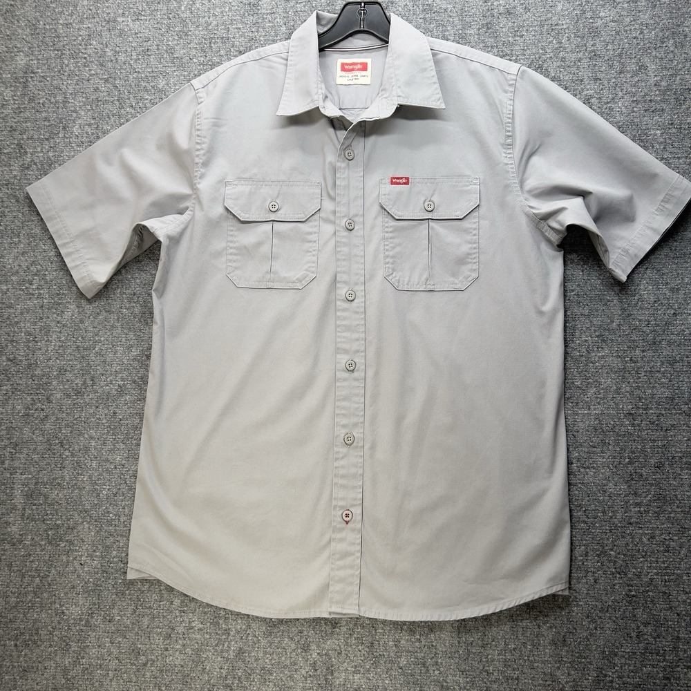Wrangler‎ Short Sleeve Work Shirt Mens Gray Button Up Utility Western Outdoor